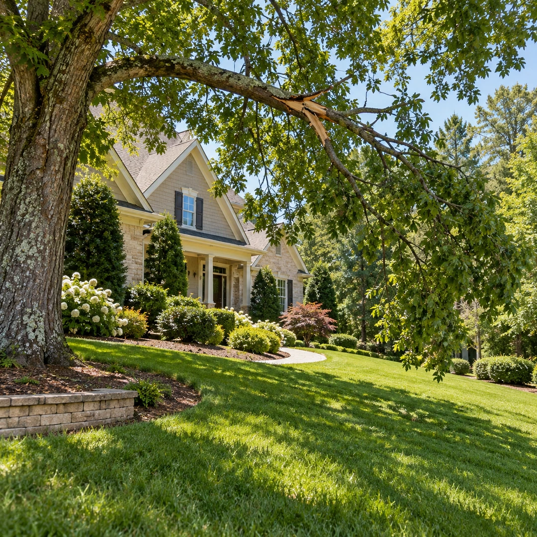 Broken hanging branch above an open residential lawn