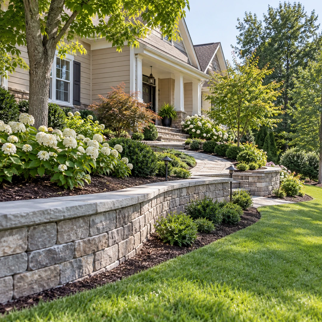 Retaining wall beneath a landscaped residential yard