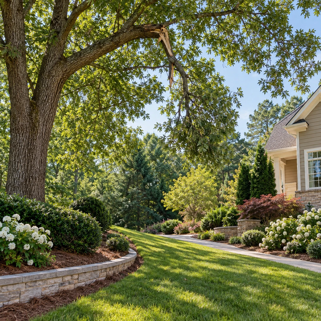 Clear lawn and garden path beneath a mature tree
