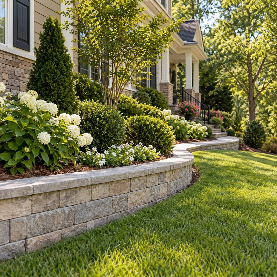 Low curved retaining wall supporting a garden bed