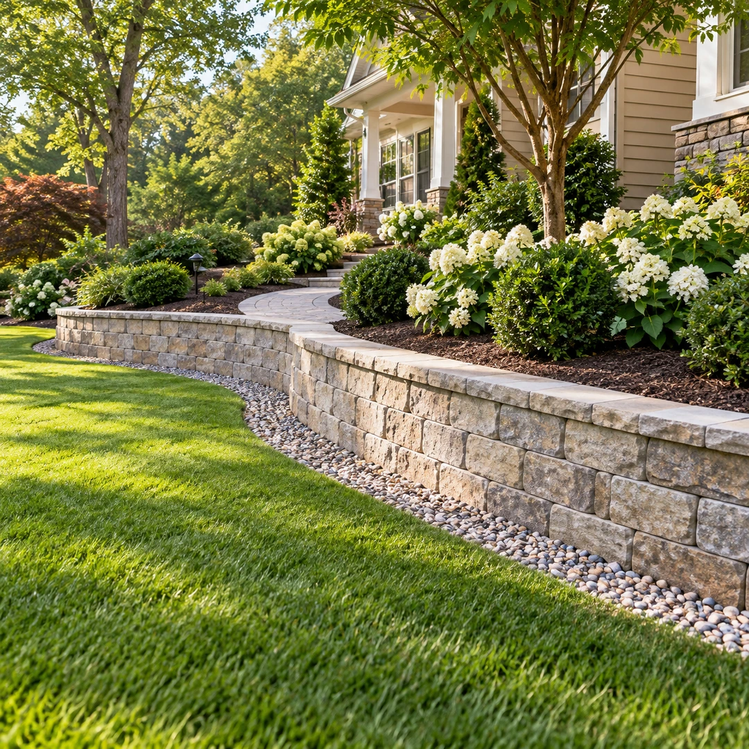 Curved retaining wall beside a green lawn and garden