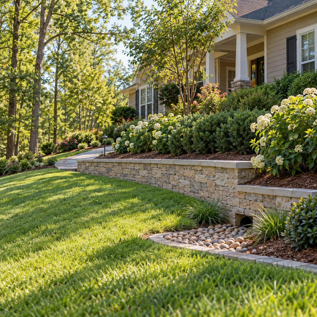 Low wall and drainage stones beside a lawn slope