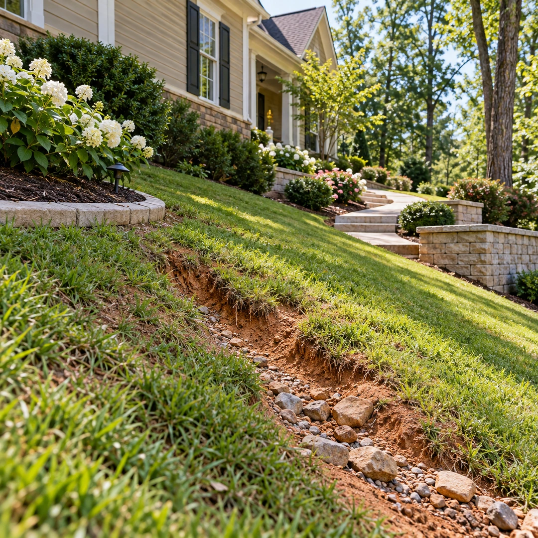 Eroded soil channel beside a sloping lawn and garden wall