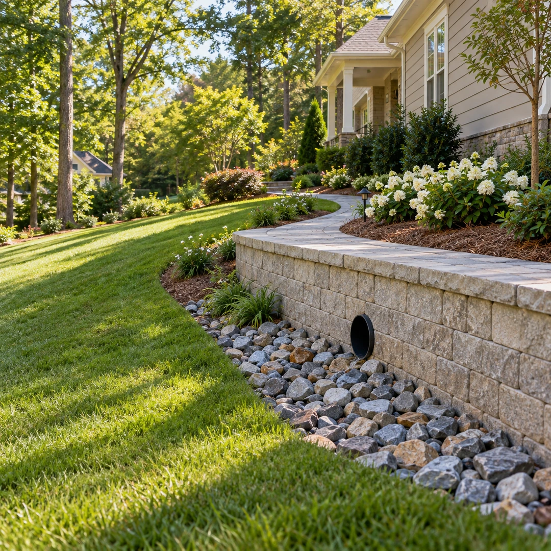 Open wall drain outlet leading into a stone receiving area