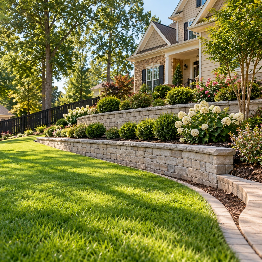 Terraced garden walls beside a sloping residential lawn