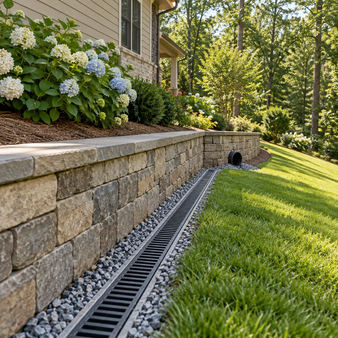 Surface channel drain beside a wall with a separate drainage outlet