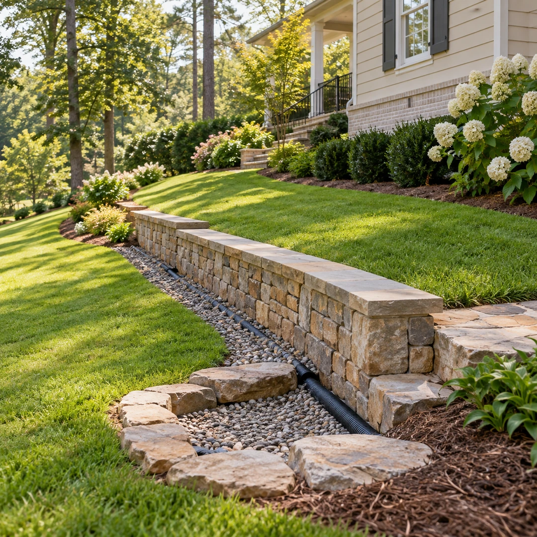 Stone drainage area beside a garden wall and sloping lawn