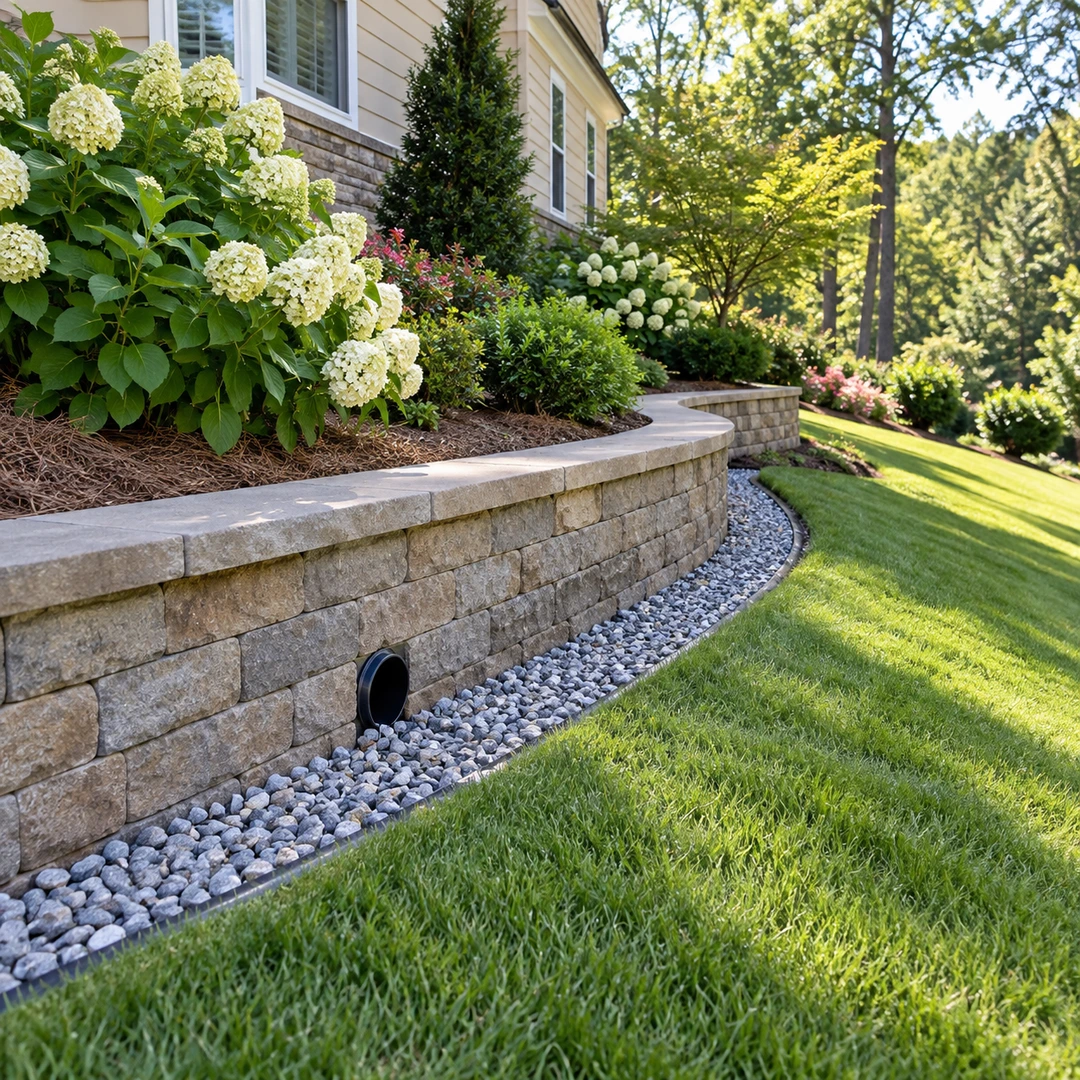 Retaining wall drain outlet above a gravel border