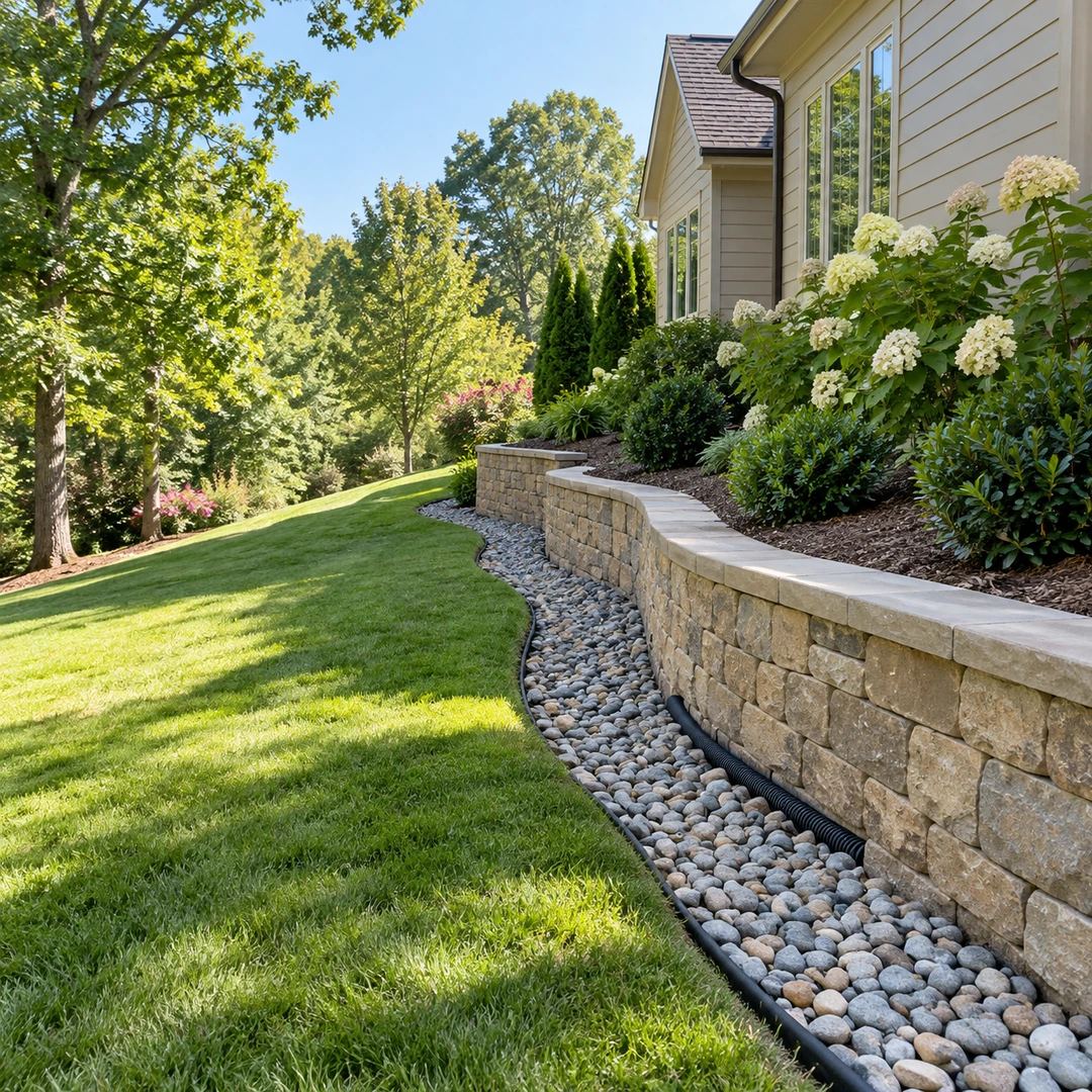 Retaining wall with gravel drainage beside a sloping lawn