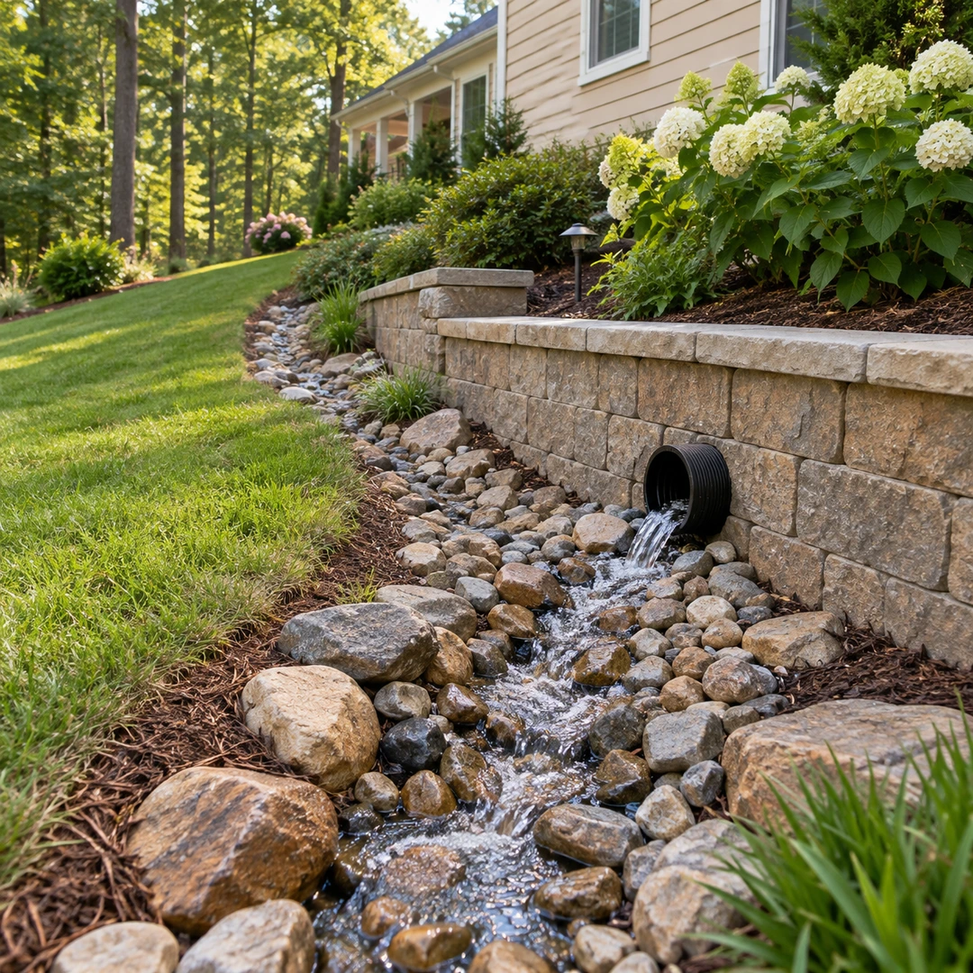 Water flowing from a wall outlet through a stone channel