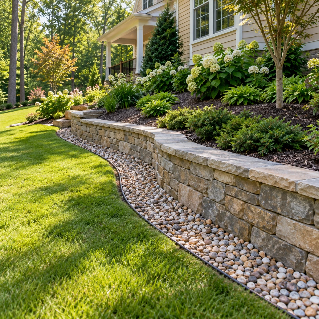 Groundcover above a finished wall beside a green lawn