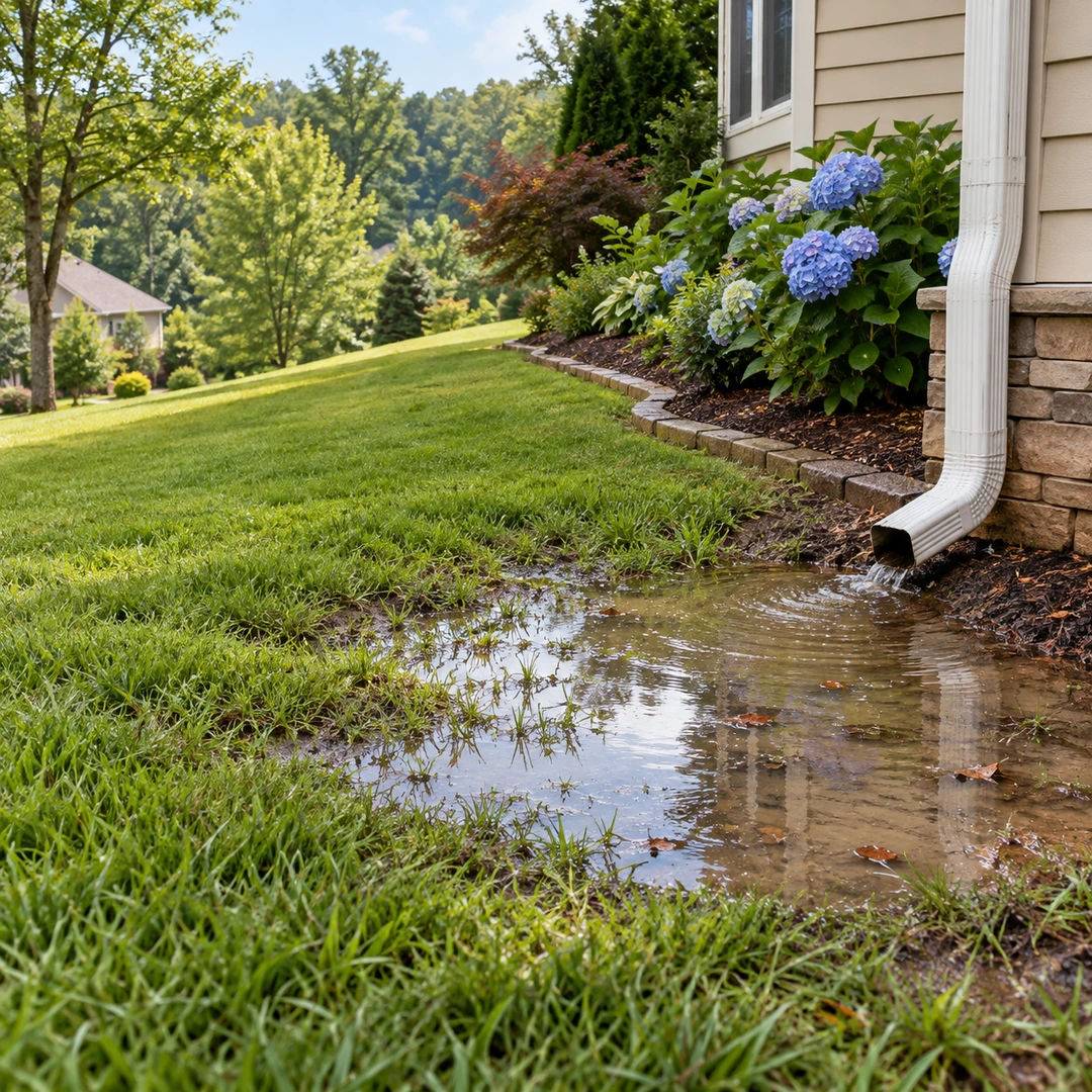 Standing water beside a downspout and sloping lawn