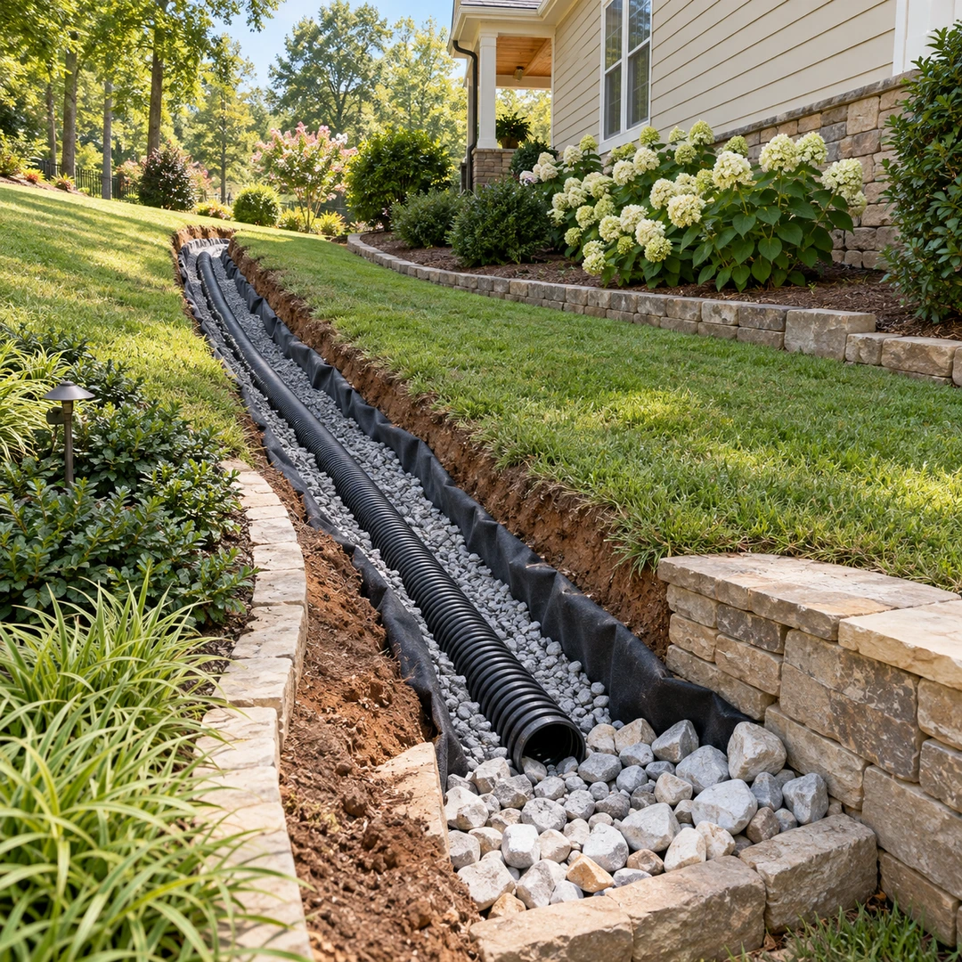 French drain trench with pipe and gravel lined with filter fabric