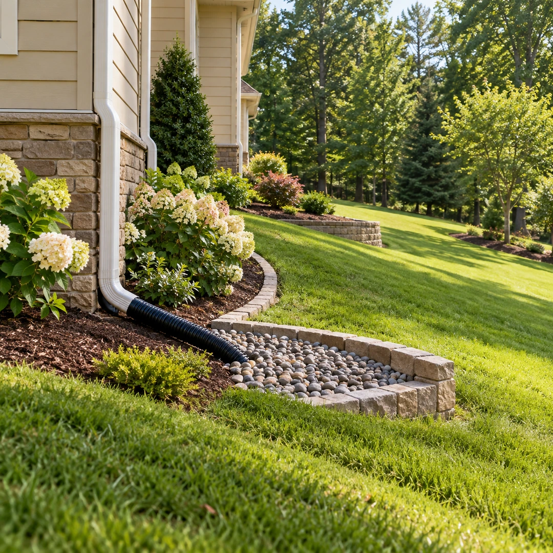Downspout extension above a stone receiving bed beside a house