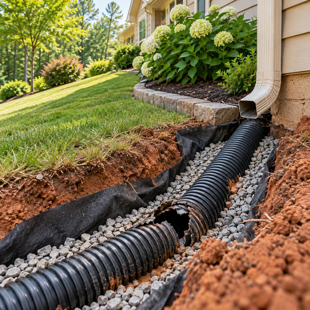 Damaged corrugated pipe exposed in a gravel trench