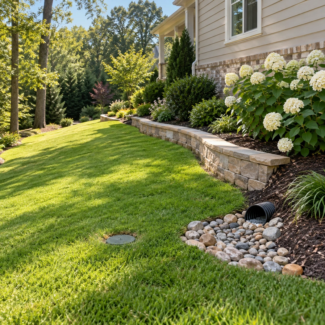 Finished drainage outlet beside a lawn and garden bed