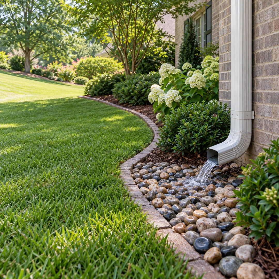 Downspout water flowing onto a stone splash bed beside a lawn