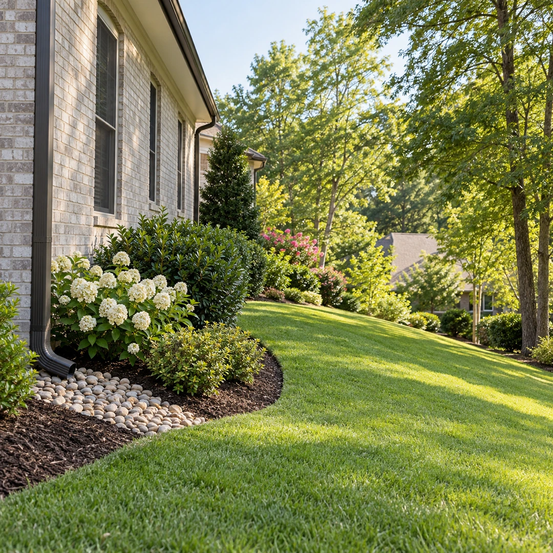 Stone receiving bed beside a downspout and sloping lawn