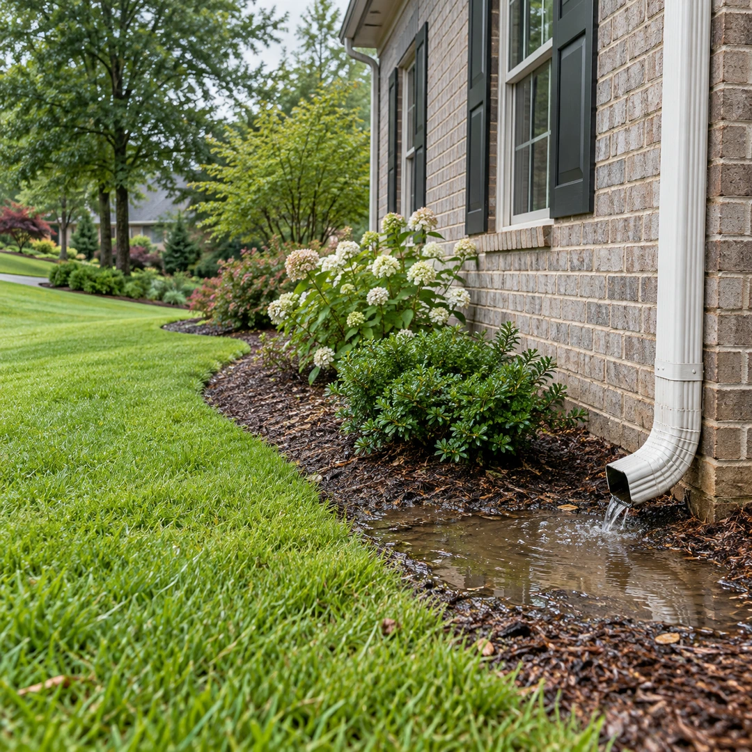 Water pooling beside a downspout at a brick foundation