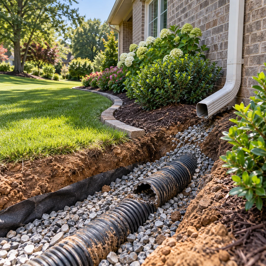 Damaged corrugated pipe exposed in a gravel trench beside a downspout