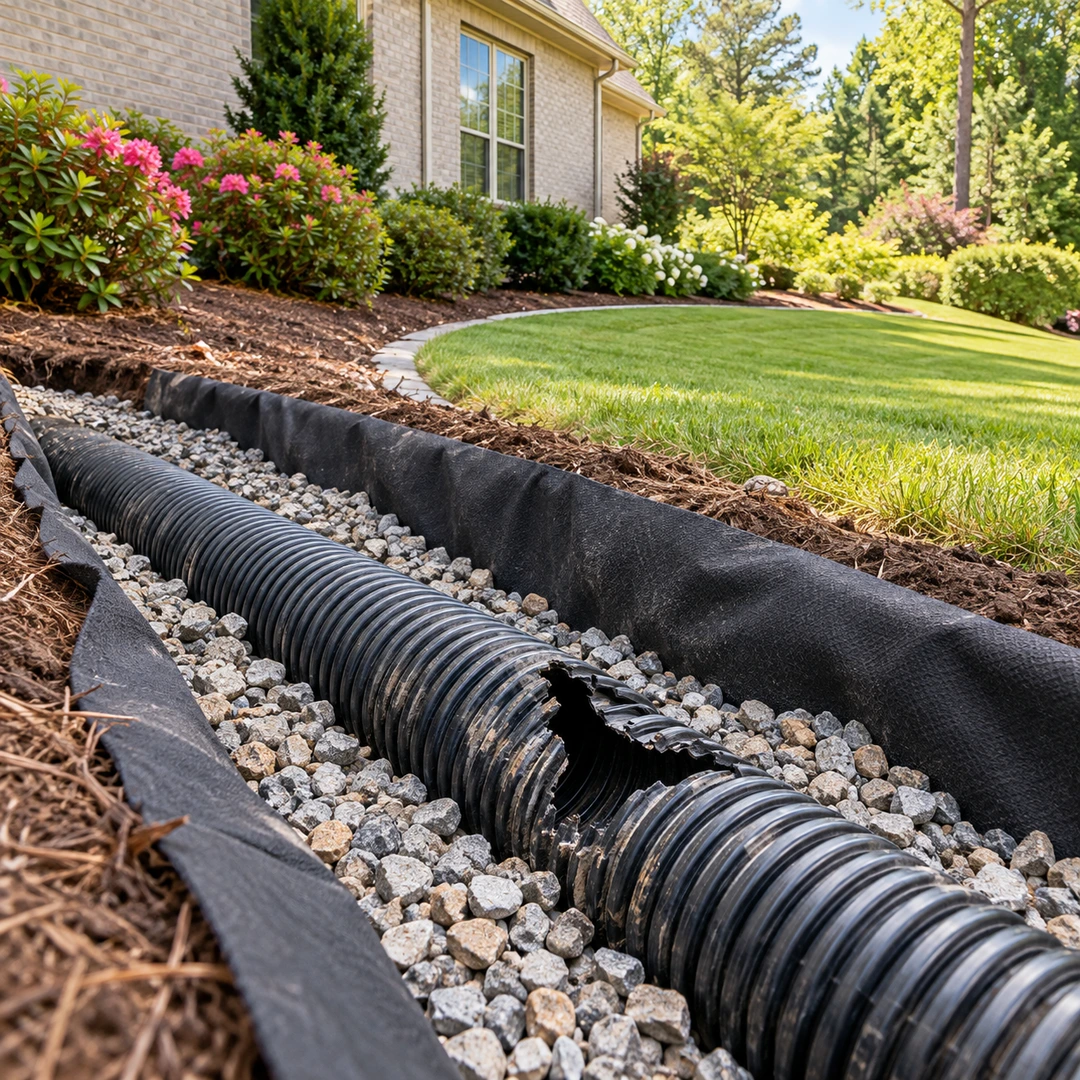 Split drain pipe in gravel lined with filter fabric