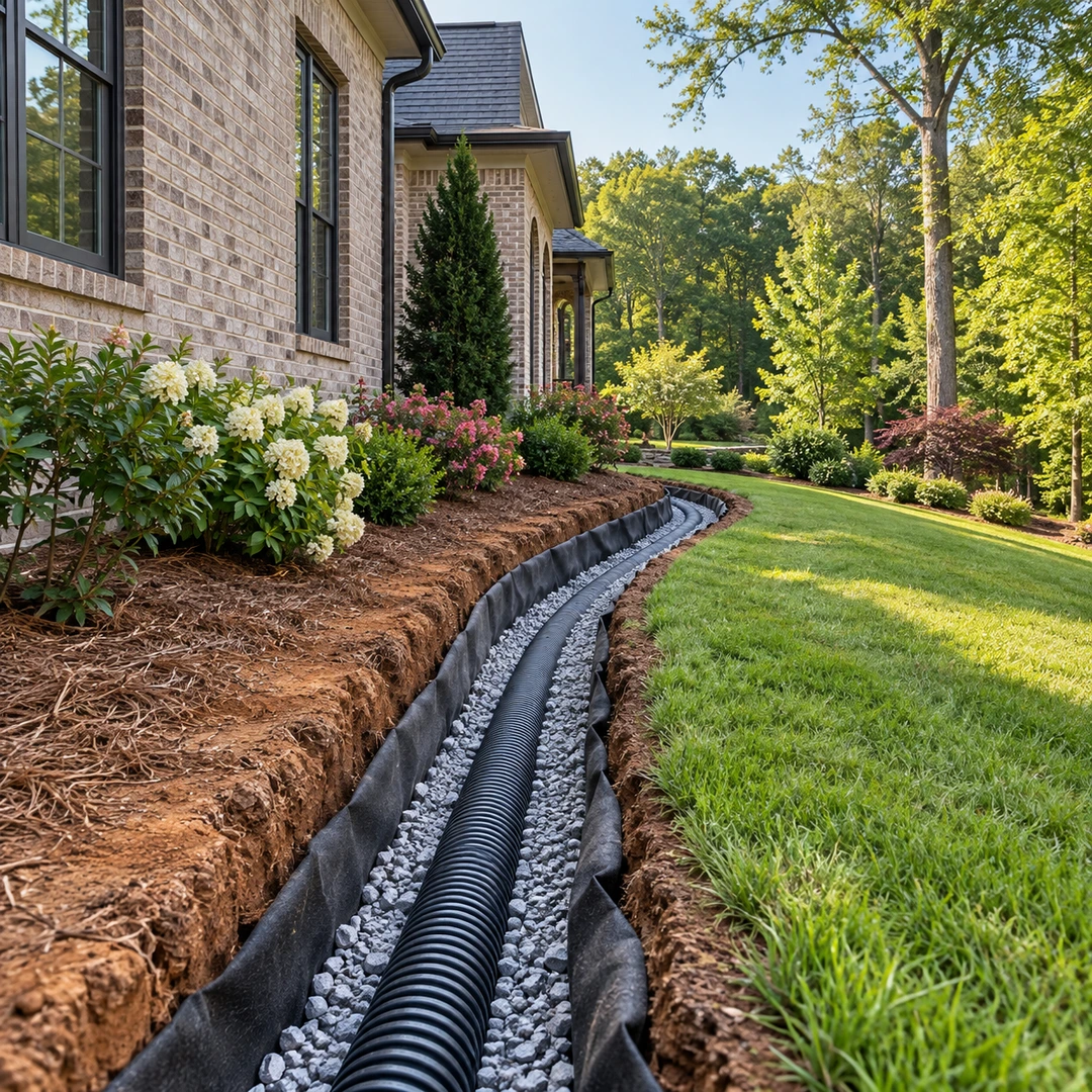 Exterior drainage trench with pipe and gravel beside a house