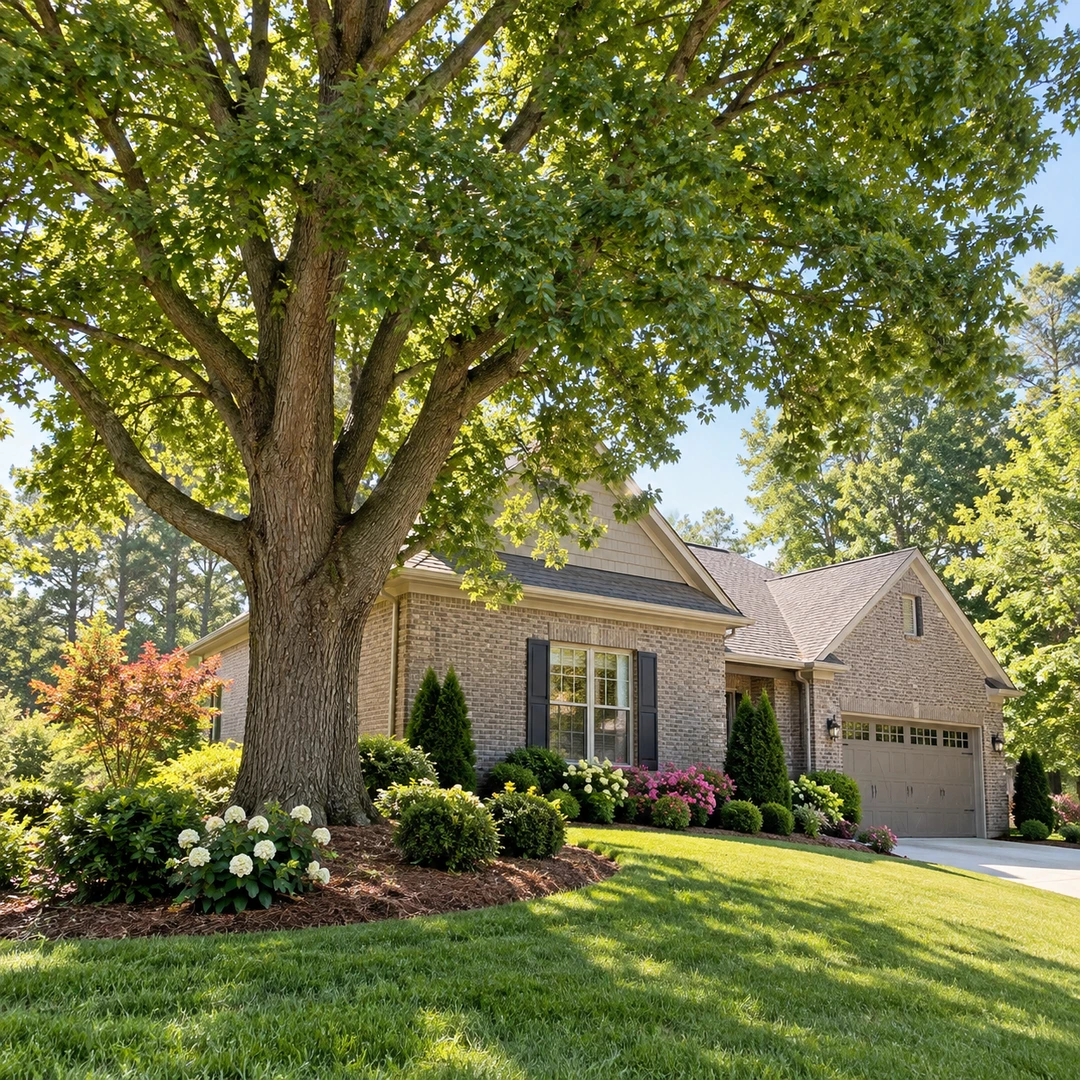 Mature healthy shade tree beside a brick house and driveway
