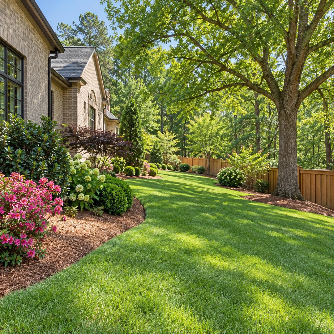 Open side lawn with a mature tree and wooden fence