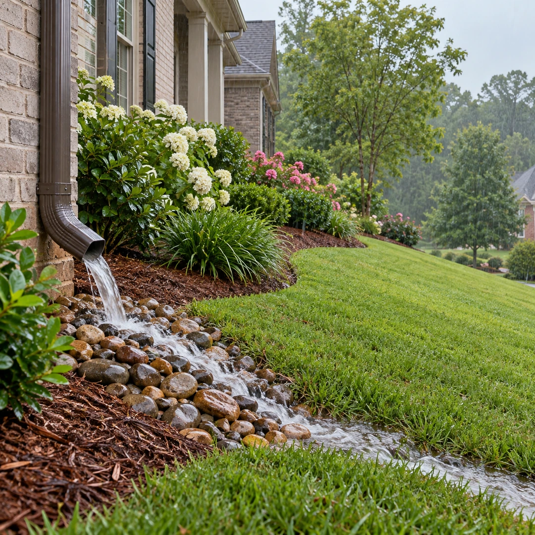 Water flowing through stones away from a downspout and house