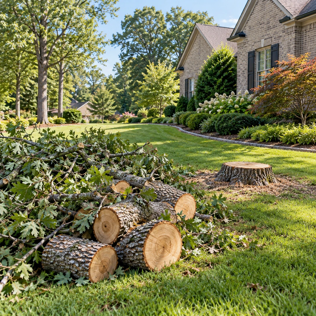 Cut logs and leafy branches beside a low stump