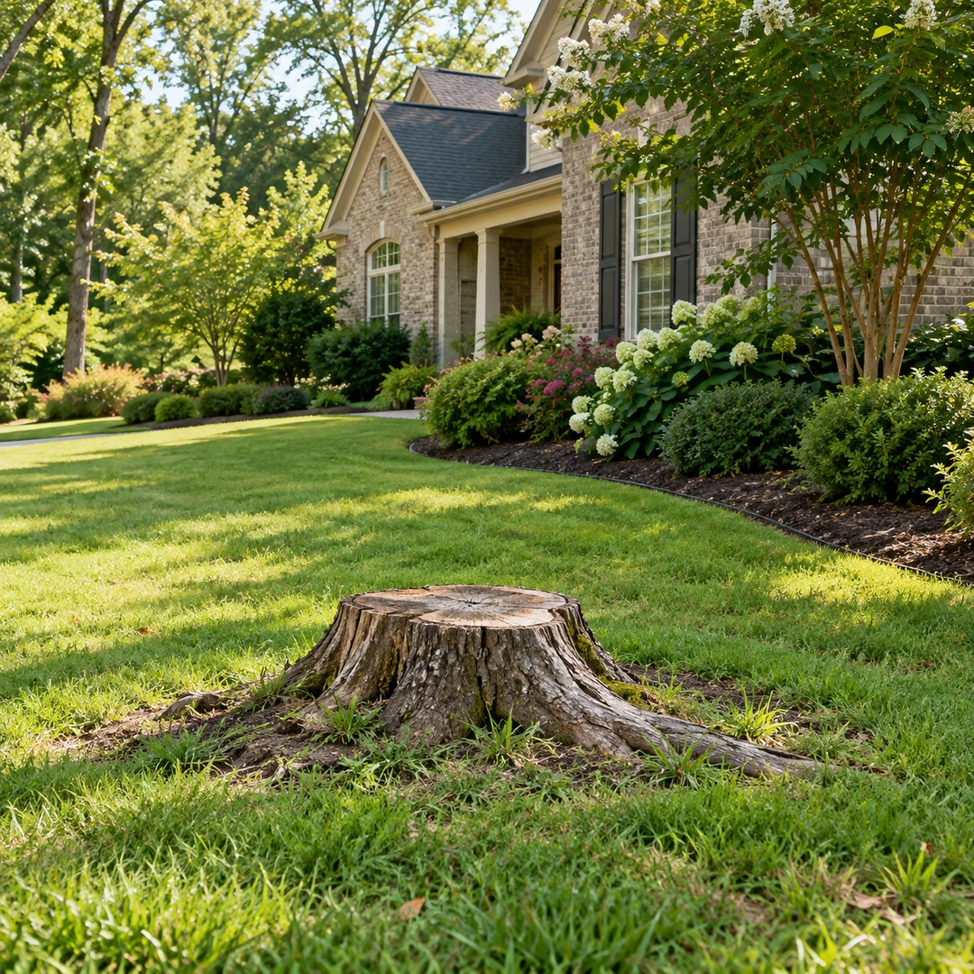 Weathered stump with surface roots in an open green lawn