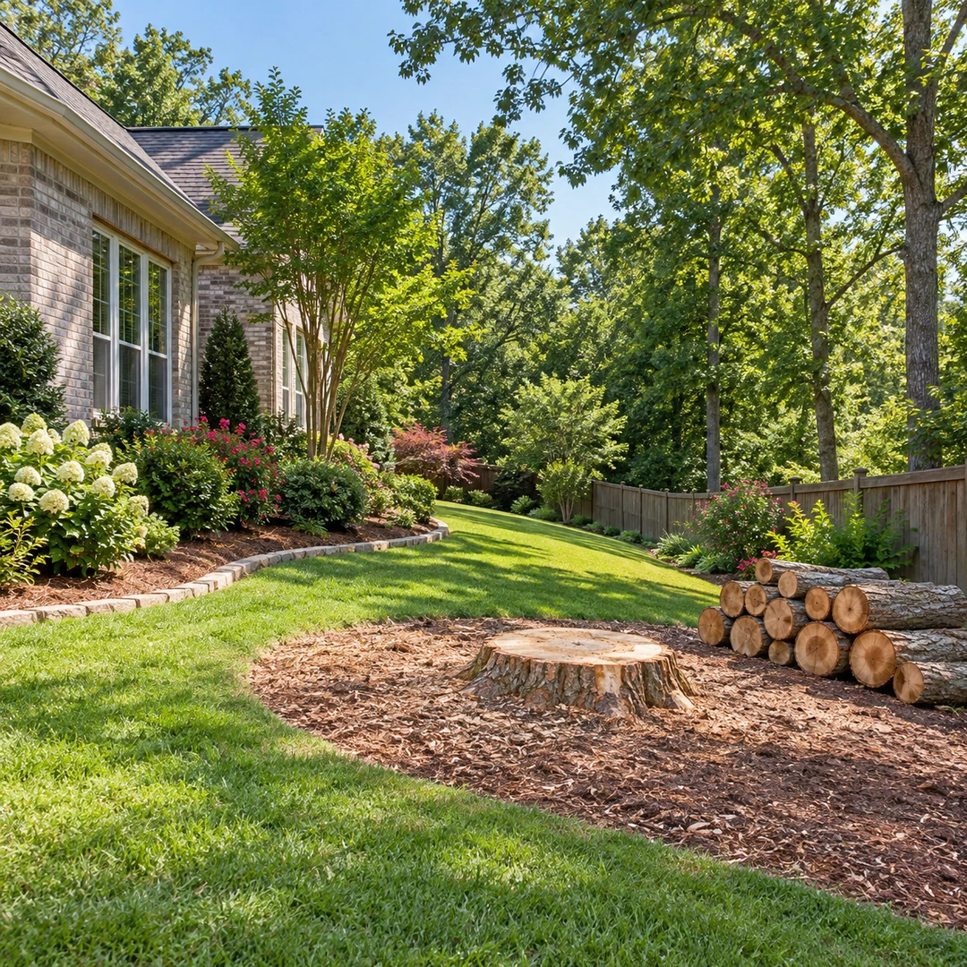 Low stump and stacked logs beside a cleared lawn