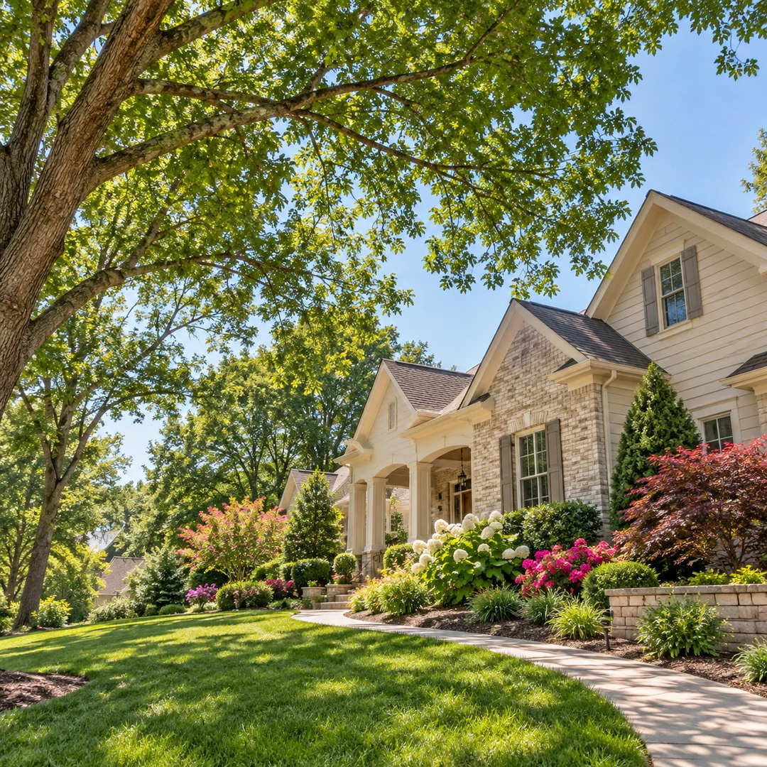 Natural tree canopy above a landscaped front yard