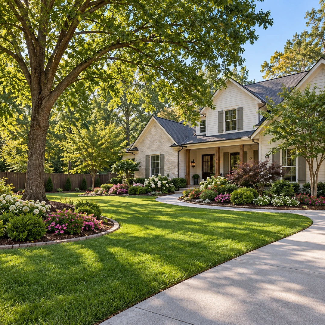 Full leafy tree beside a residential driveway
