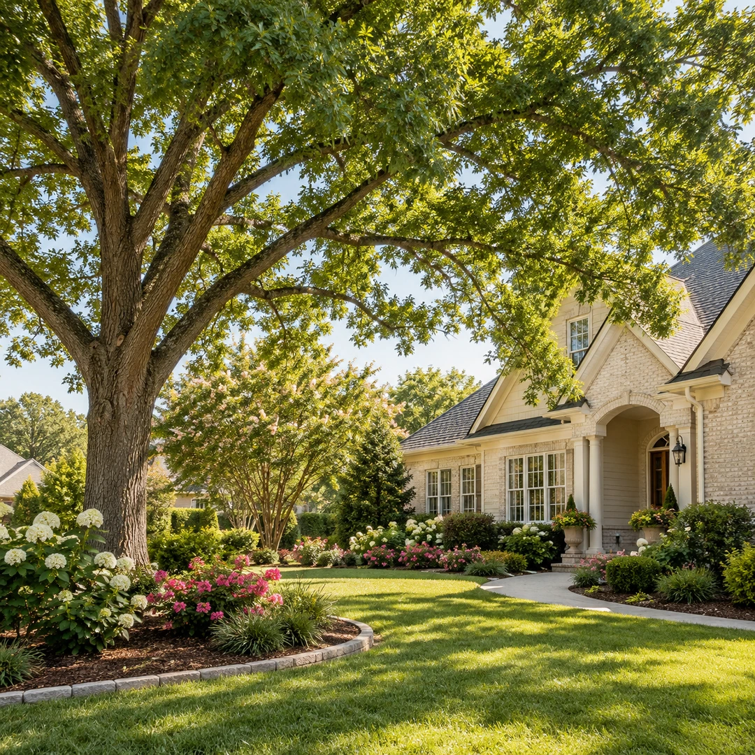 Mature healthy shade tree beside a house