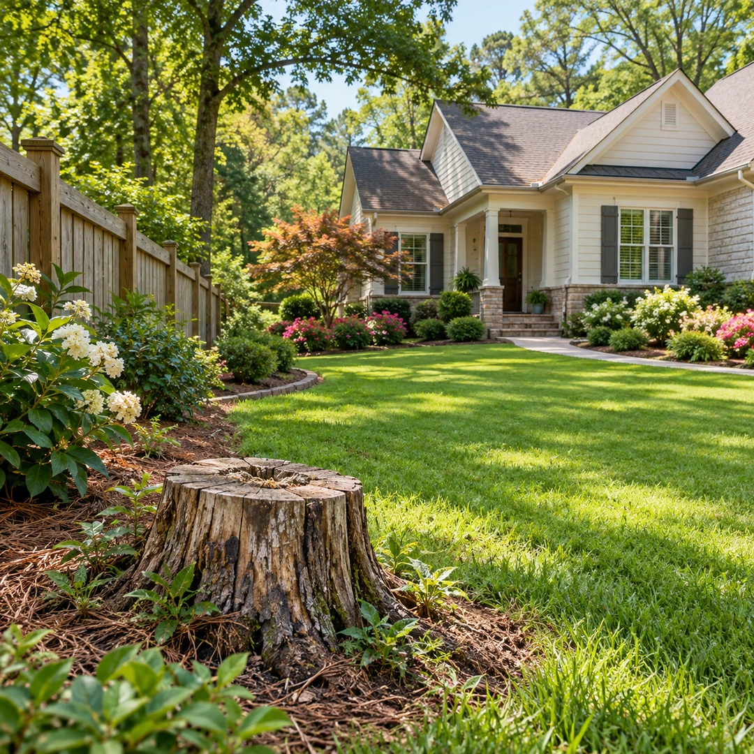 Old stump beside a wooden fence and landscaped lawn