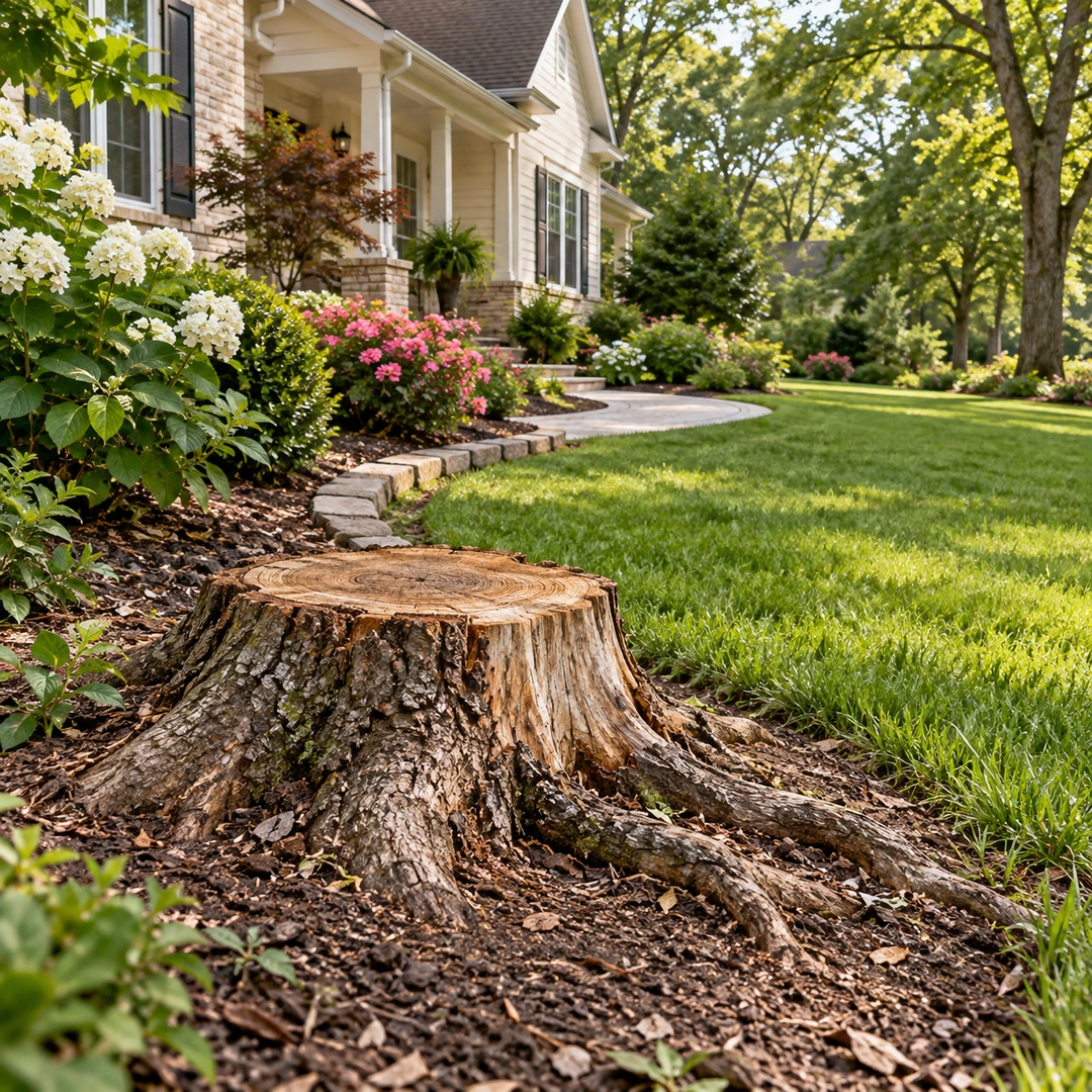Cut stump with exposed roots beside a garden bed
