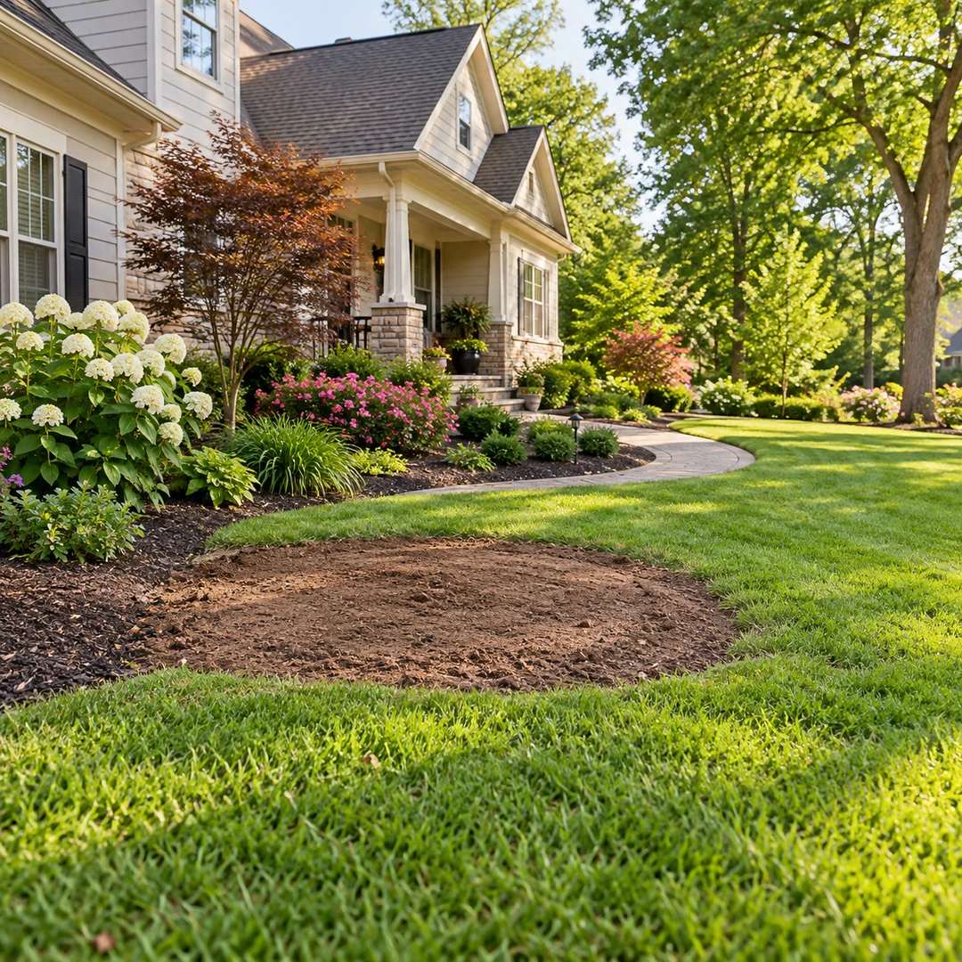 Level cleared soil patch surrounded by a green lawn