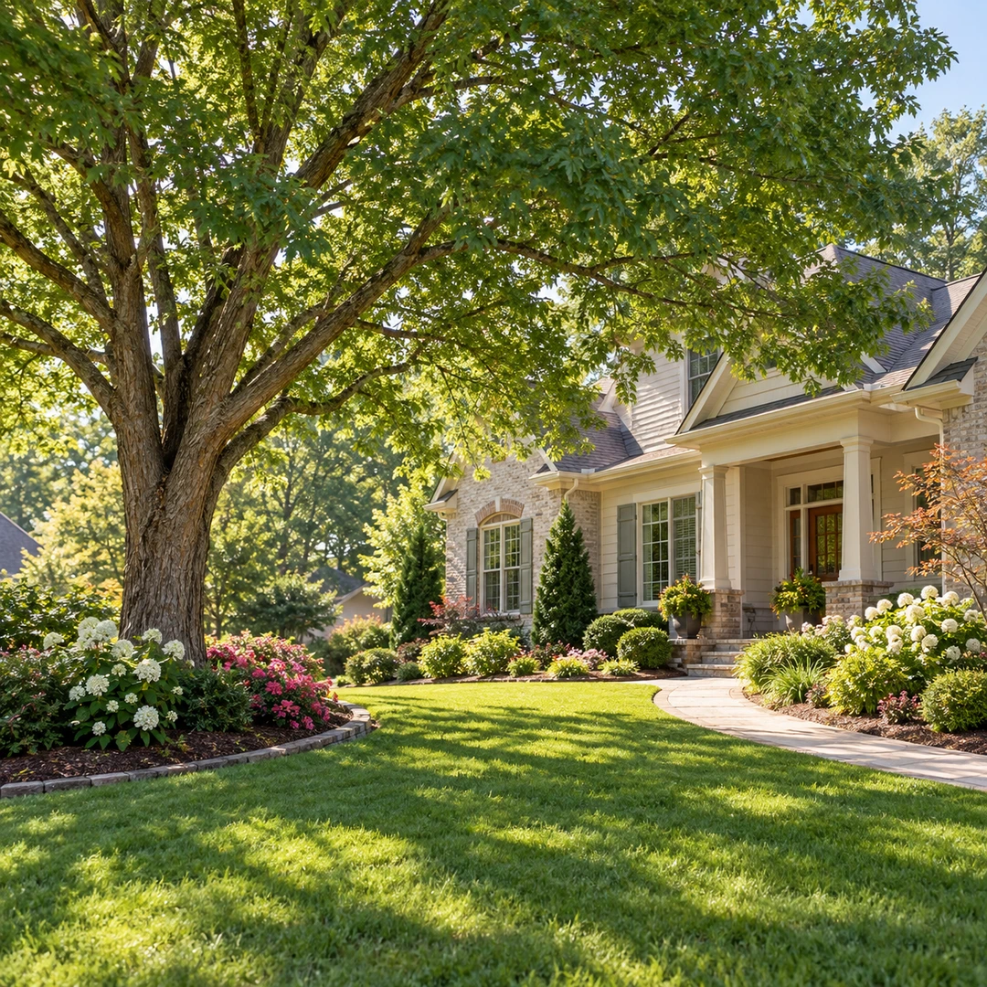 Healthy shade tree beside a garden path