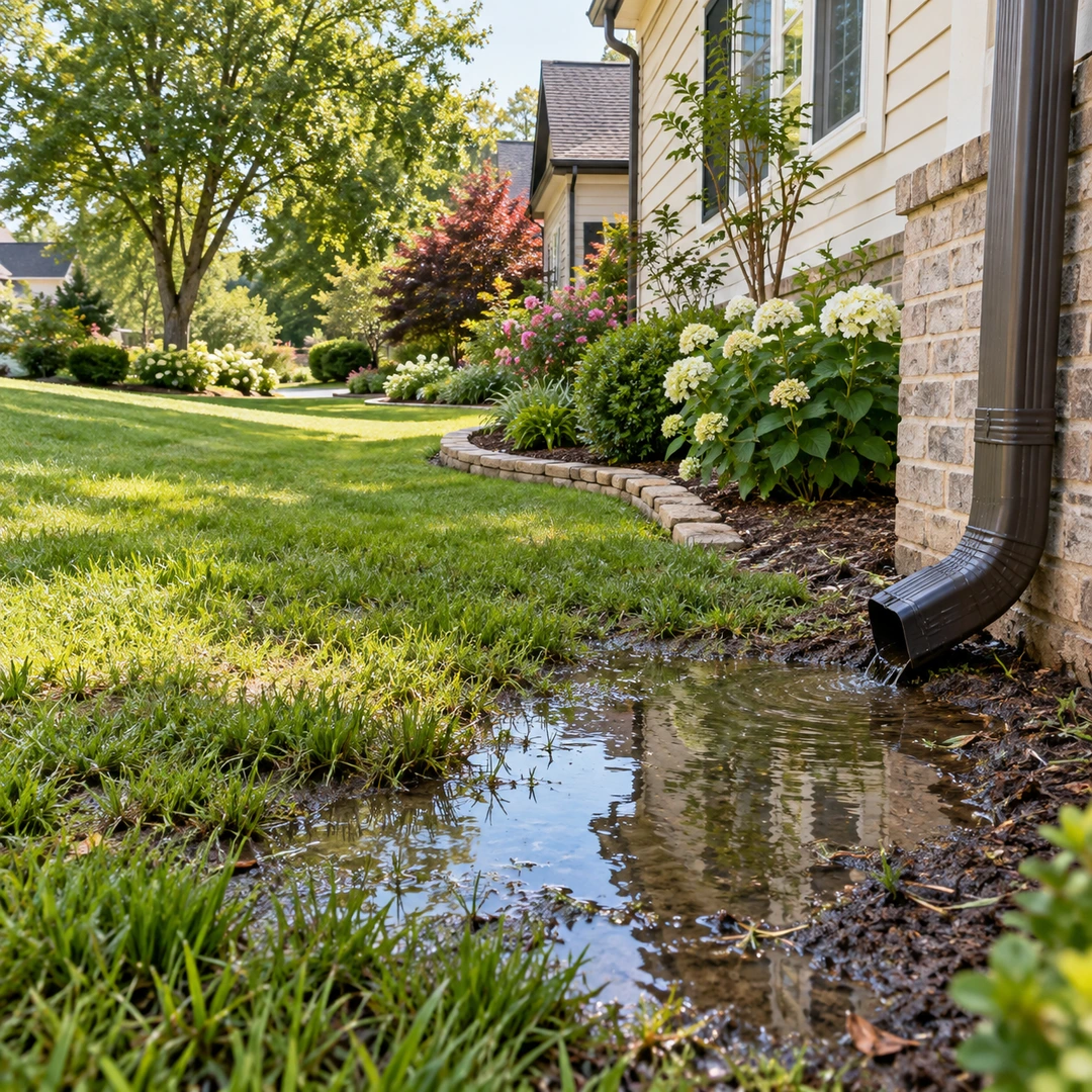 Standing water beside a downspout and house foundation