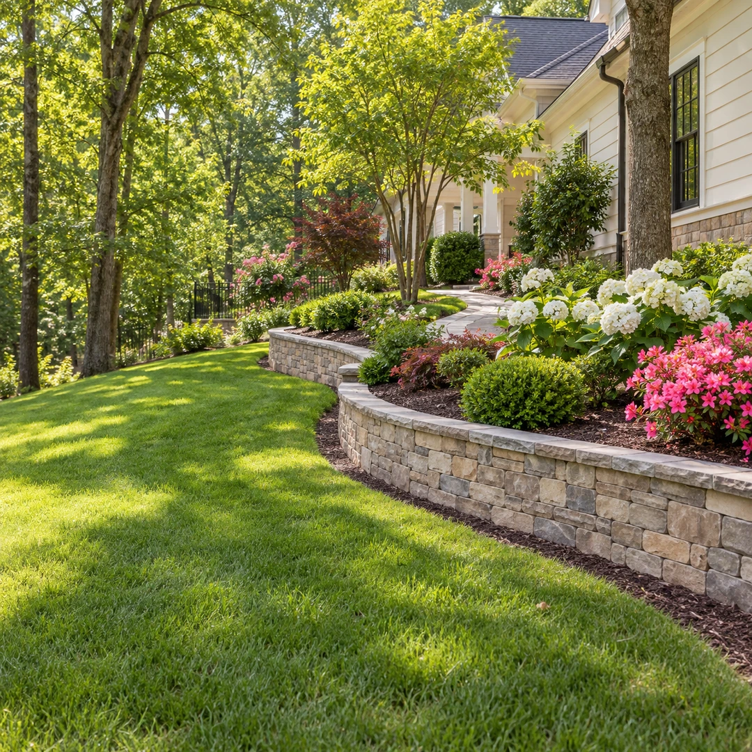 Retaining wall and garden bed beside a sloping lawn