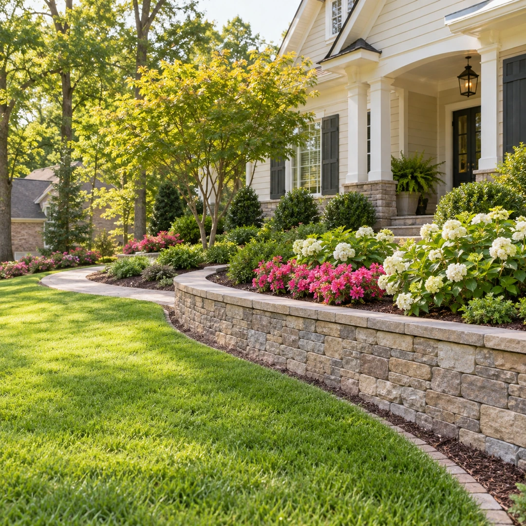 Low retaining wall supporting a residential garden