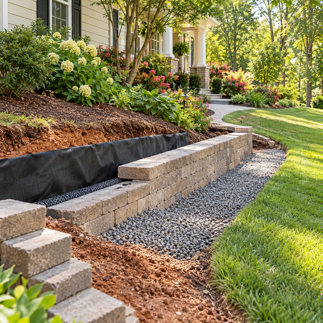 Retaining wall construction with drainage pipe and filter fabric