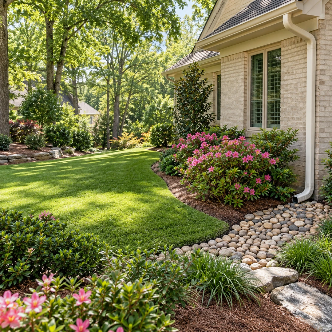 Downspout and stone receiving bed beside a gently sloping lawn