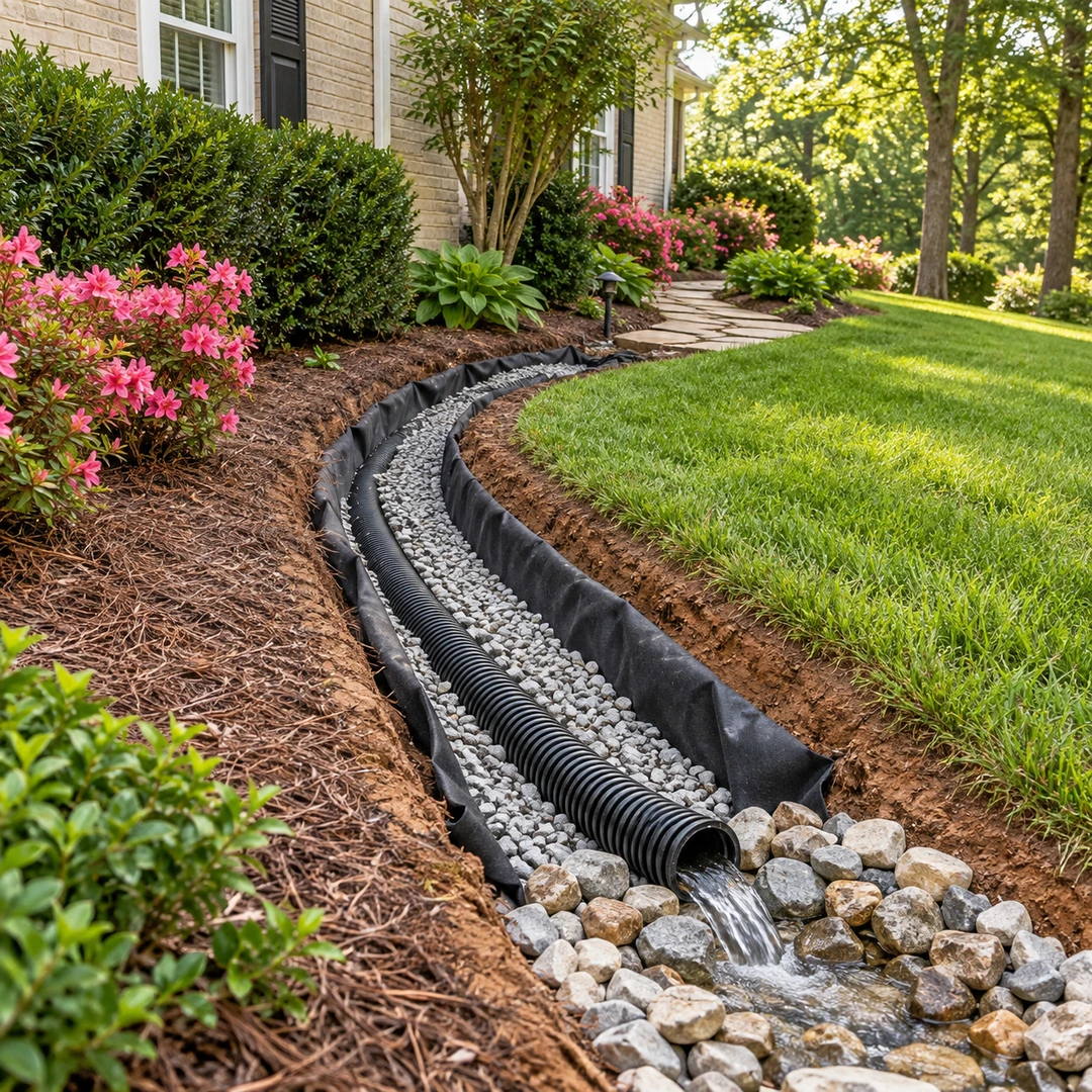 French drain trench with pipe and gravel leading to a stone outlet
