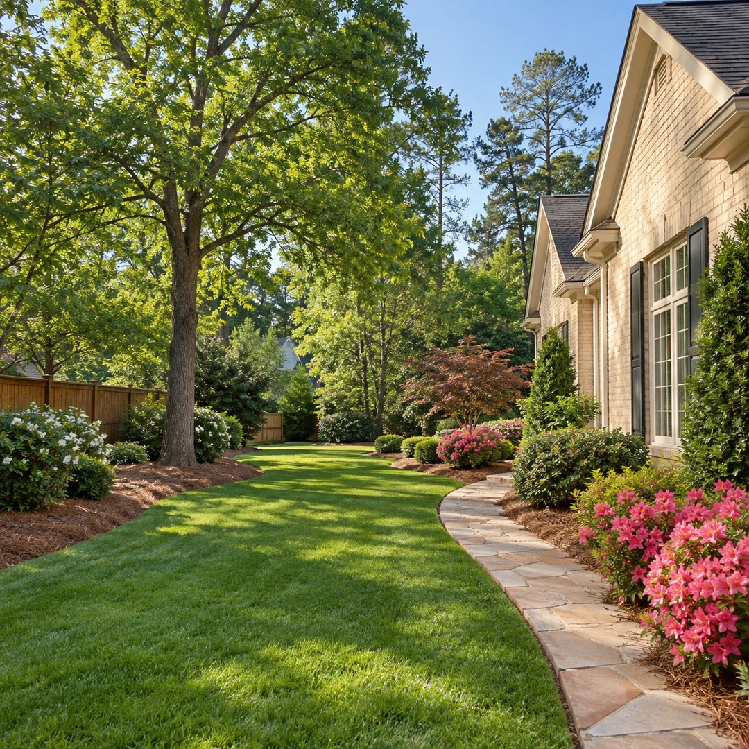 Open side lawn with mature tree and garden path