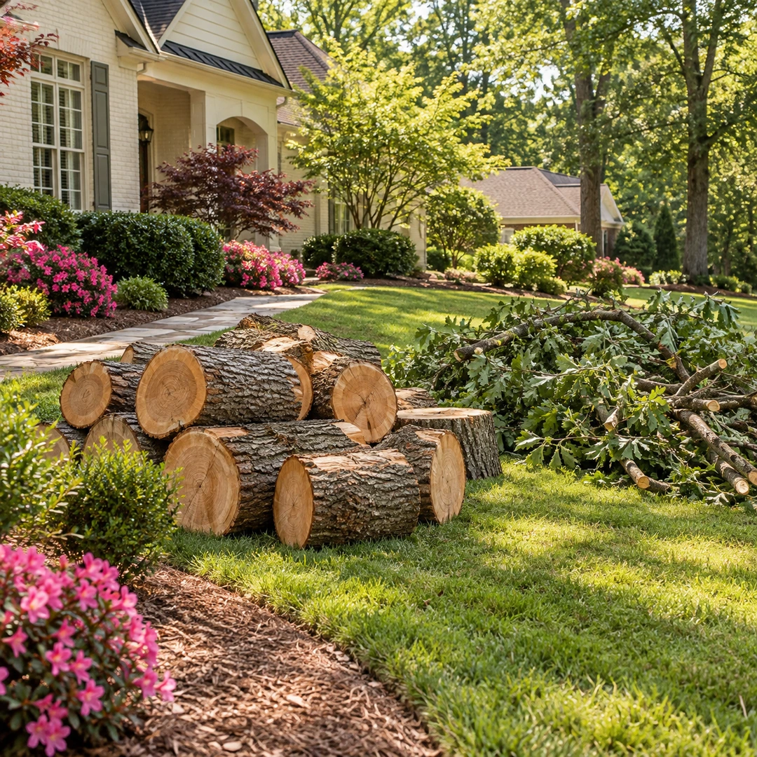 Cut trunk rounds and leafy branches grouped on a lawn