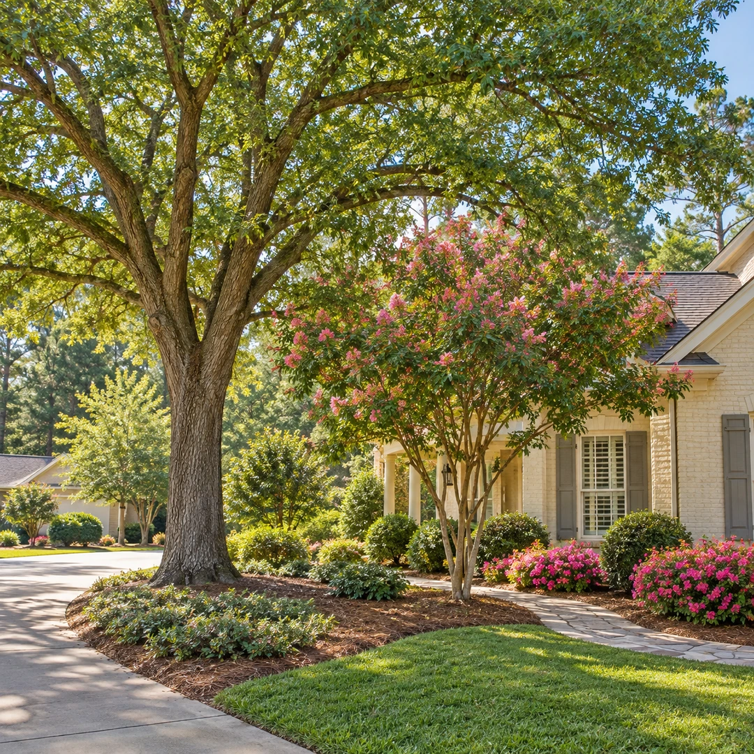 Large shade tree and smaller flowering tree beside a driveway