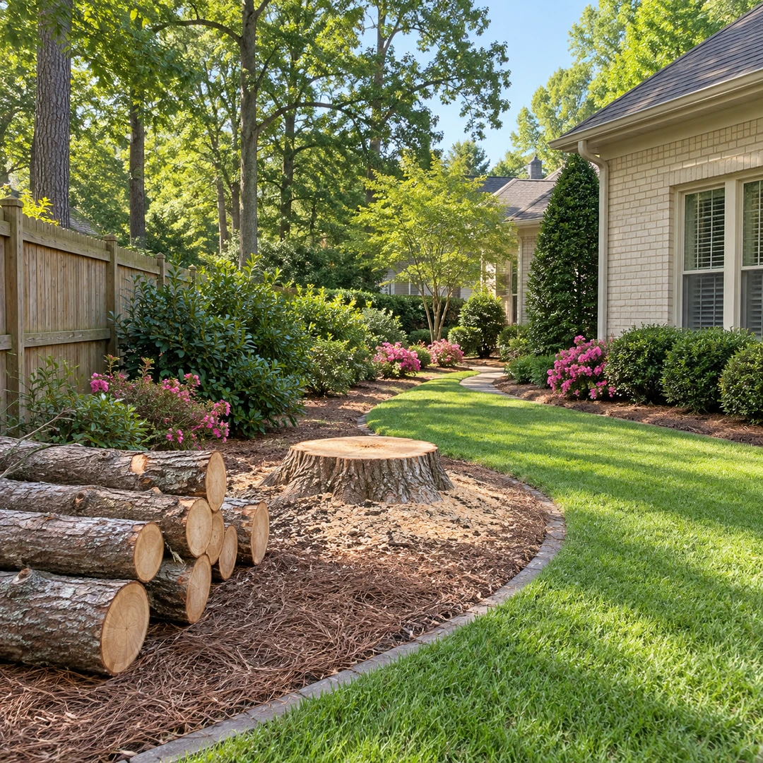 Low stump and stacked logs beside a garden fence