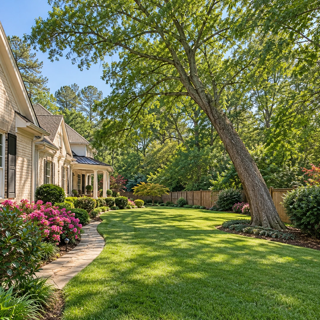 Leaning mature tree beside a house and open lawn